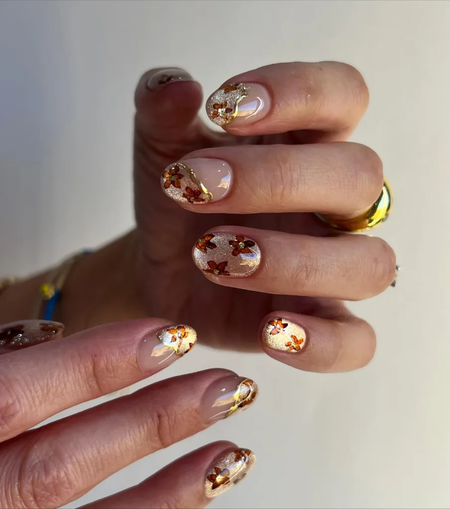 floral golden cat eye nail