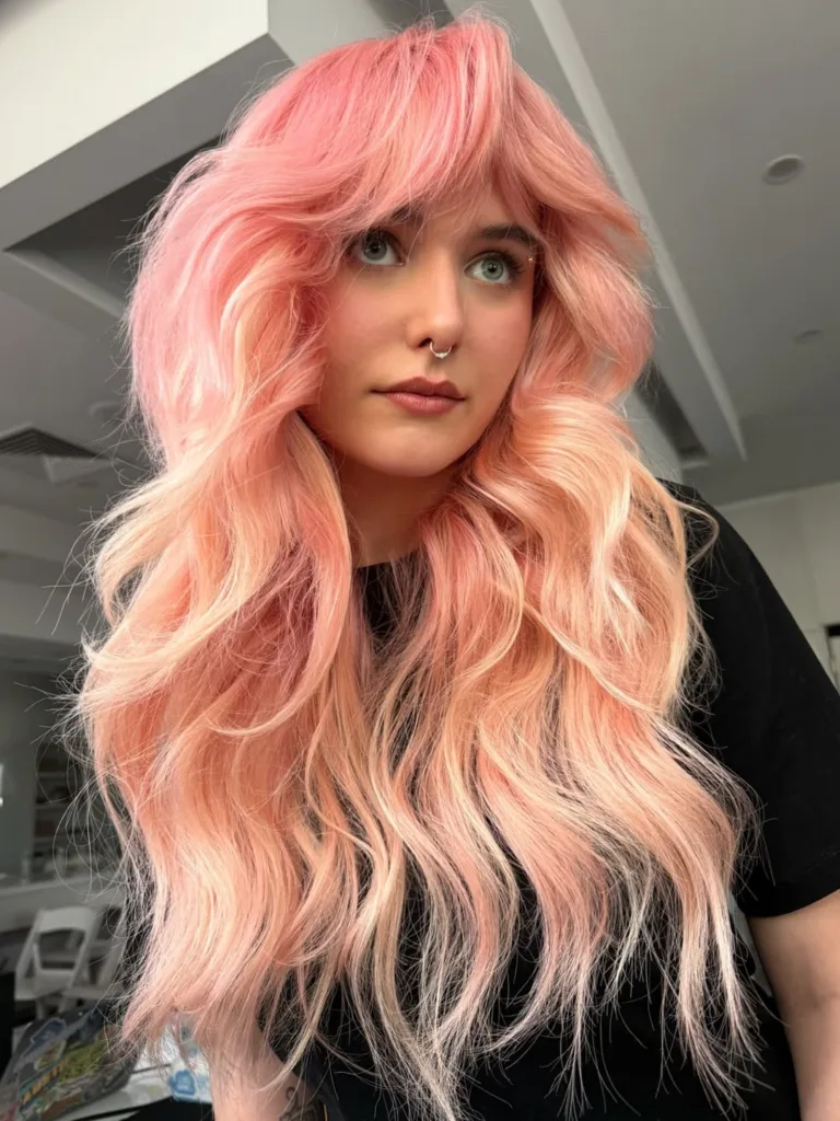 pastel pink long wolf cut with voluminous layers