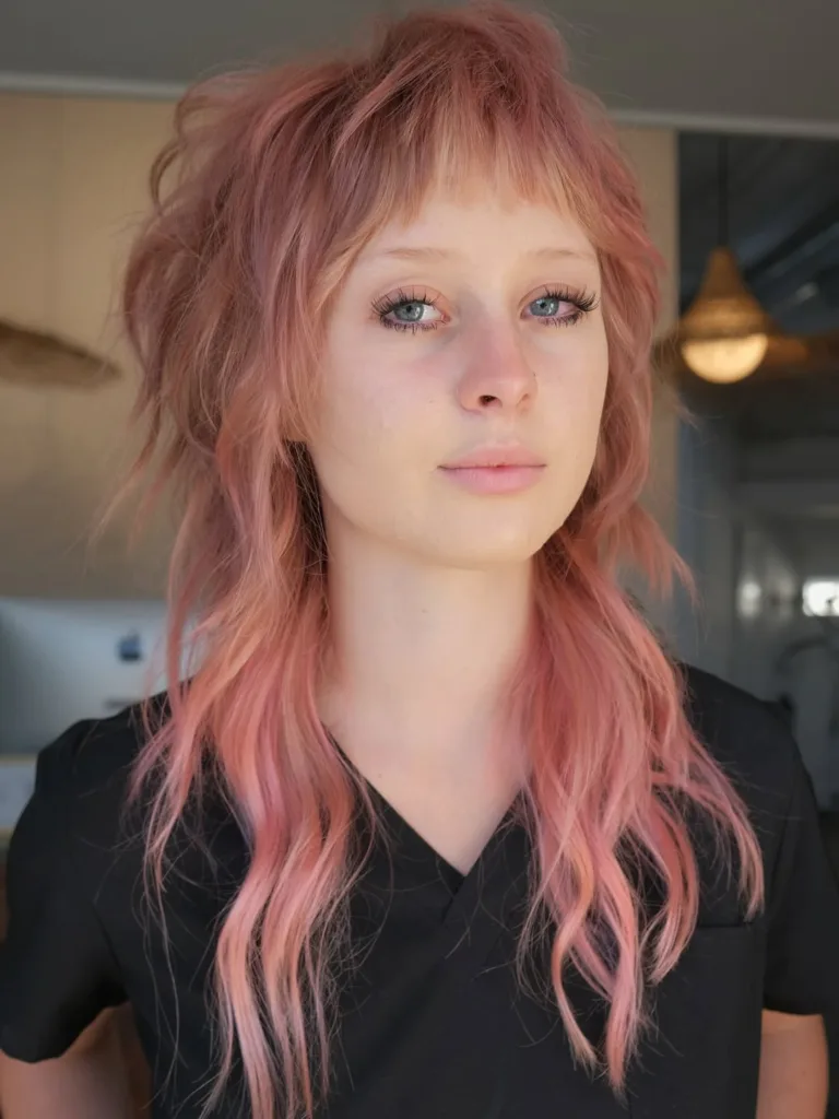 pastel wolf haircut with micro bangs