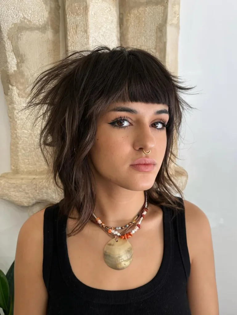 short wolf cut with blunt bangs