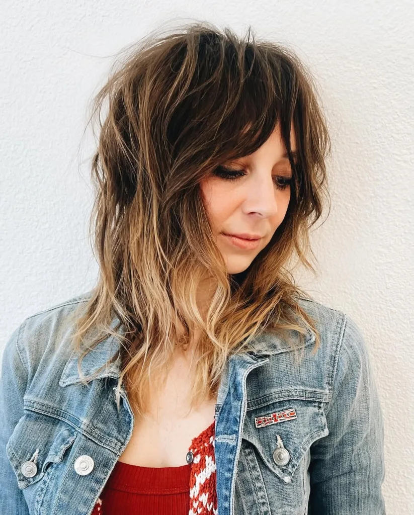 textured brunette wolf cut with soft fringe