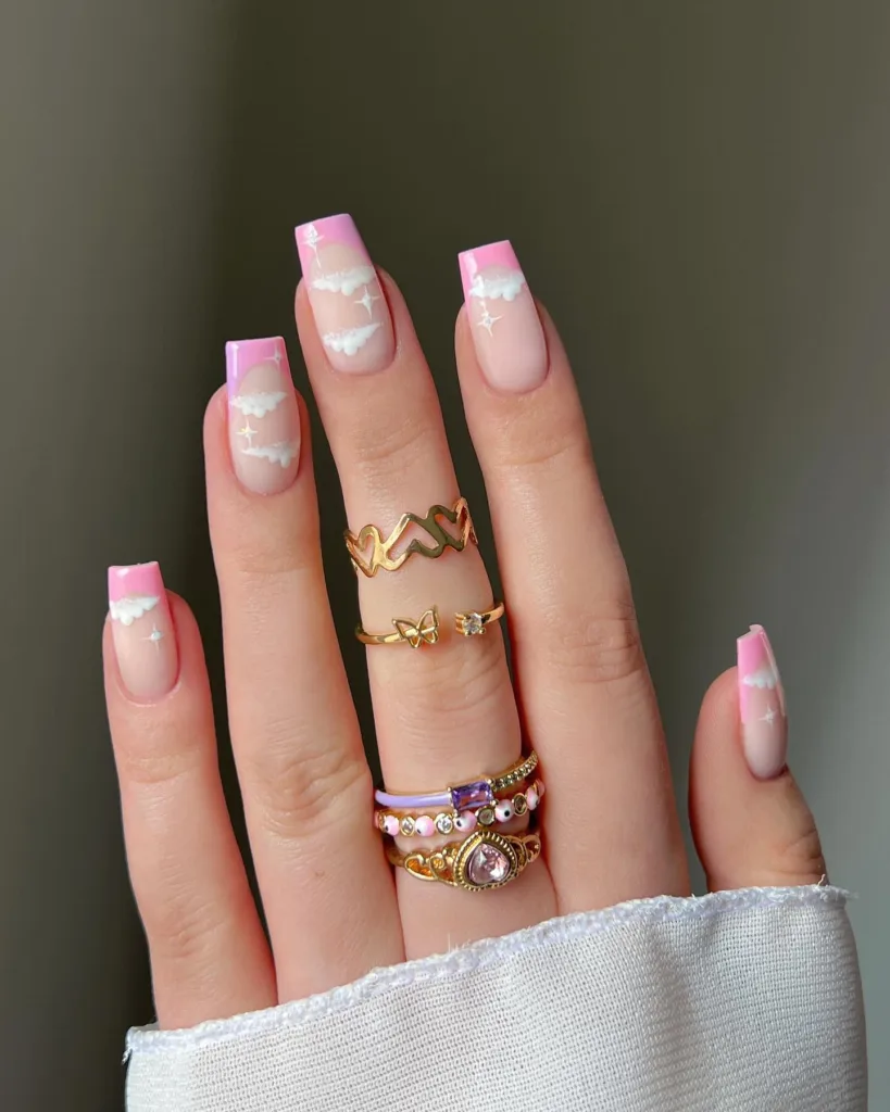 pink french tips with clouds