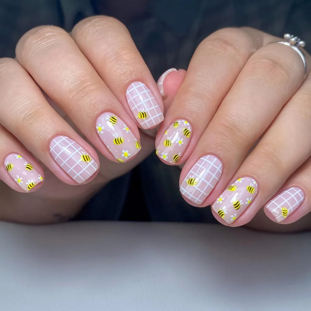 checkered floral bee nails