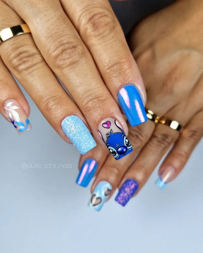 blue chrome stitch accent nails