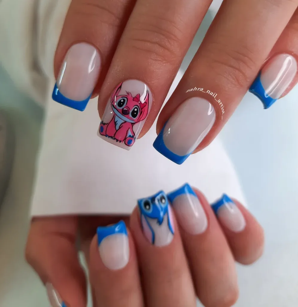 blue french tip stitch and angel nails