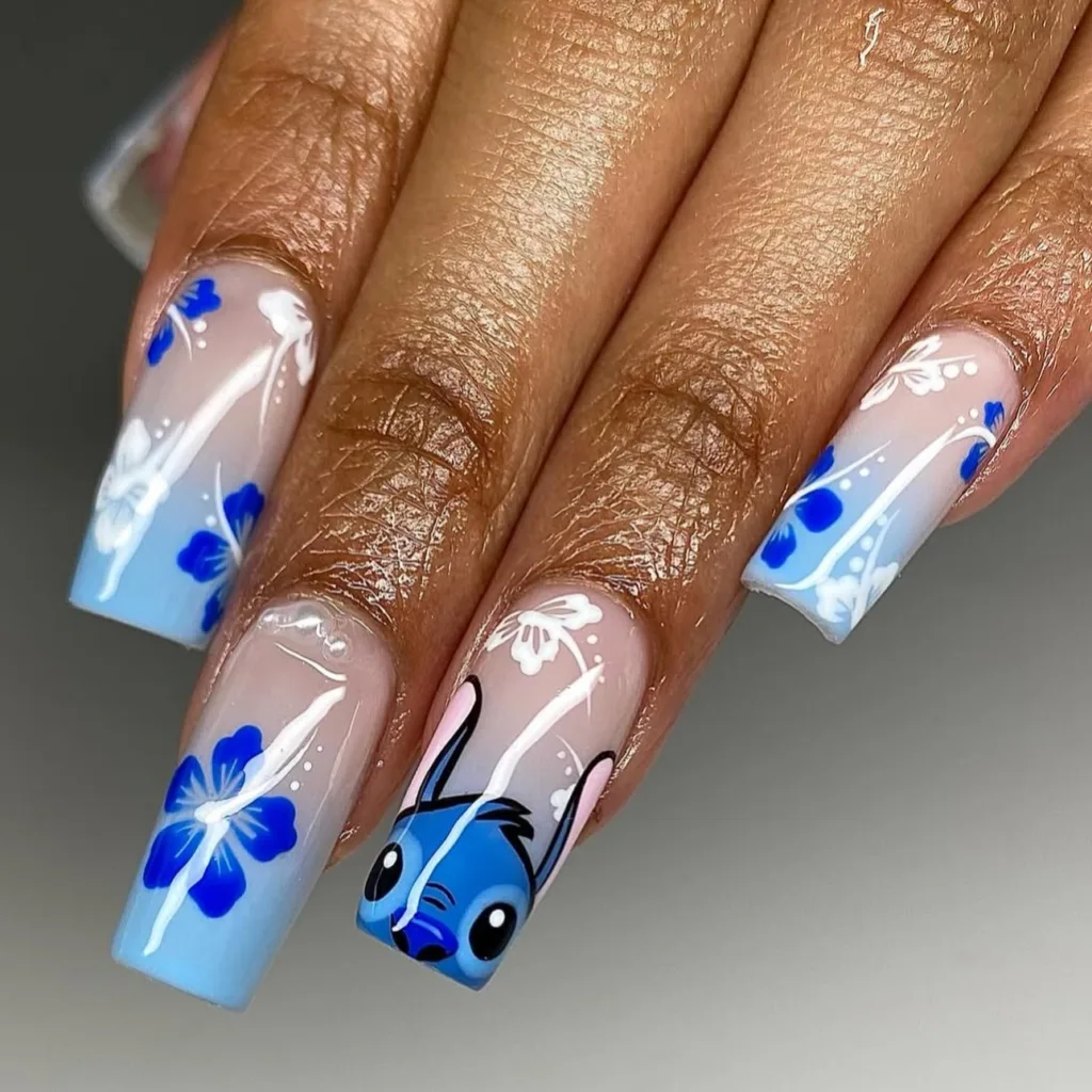 blue hibiscus stitch nails