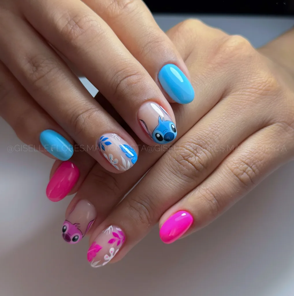 pink blue angel and stitch nails