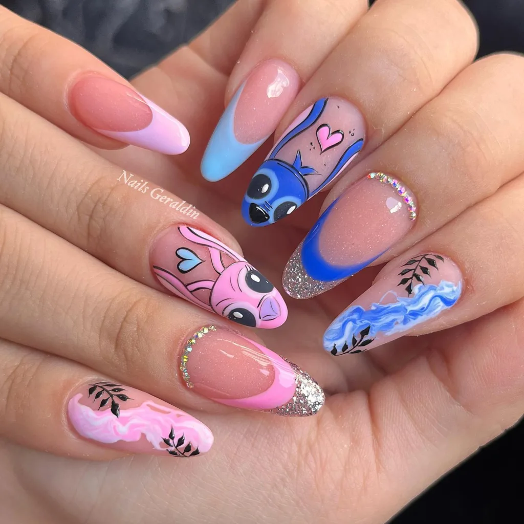pink blue stitch and angel nails
