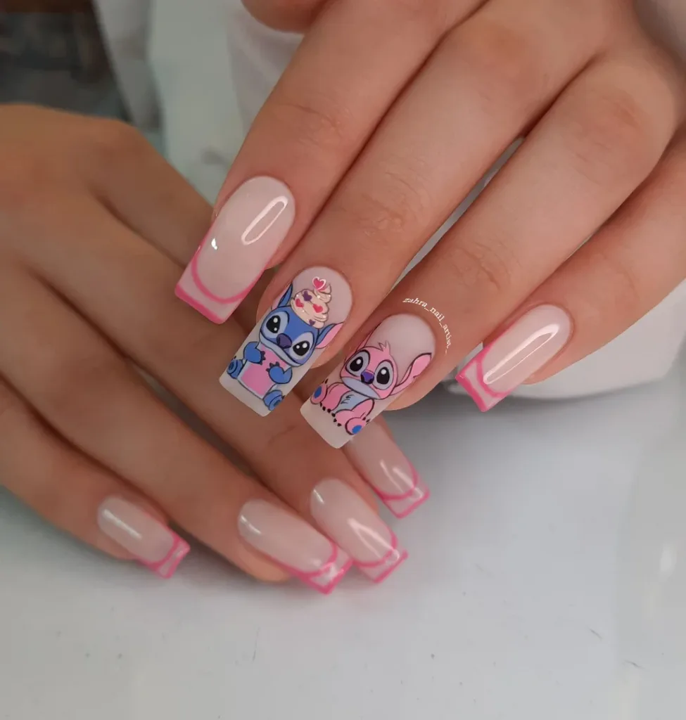pink french tip stitch and angel nails