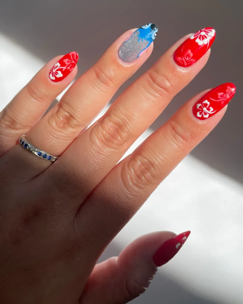 red hibiscus stitch accent nails