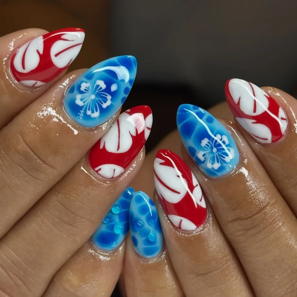 tropical red blue hibiscus nails