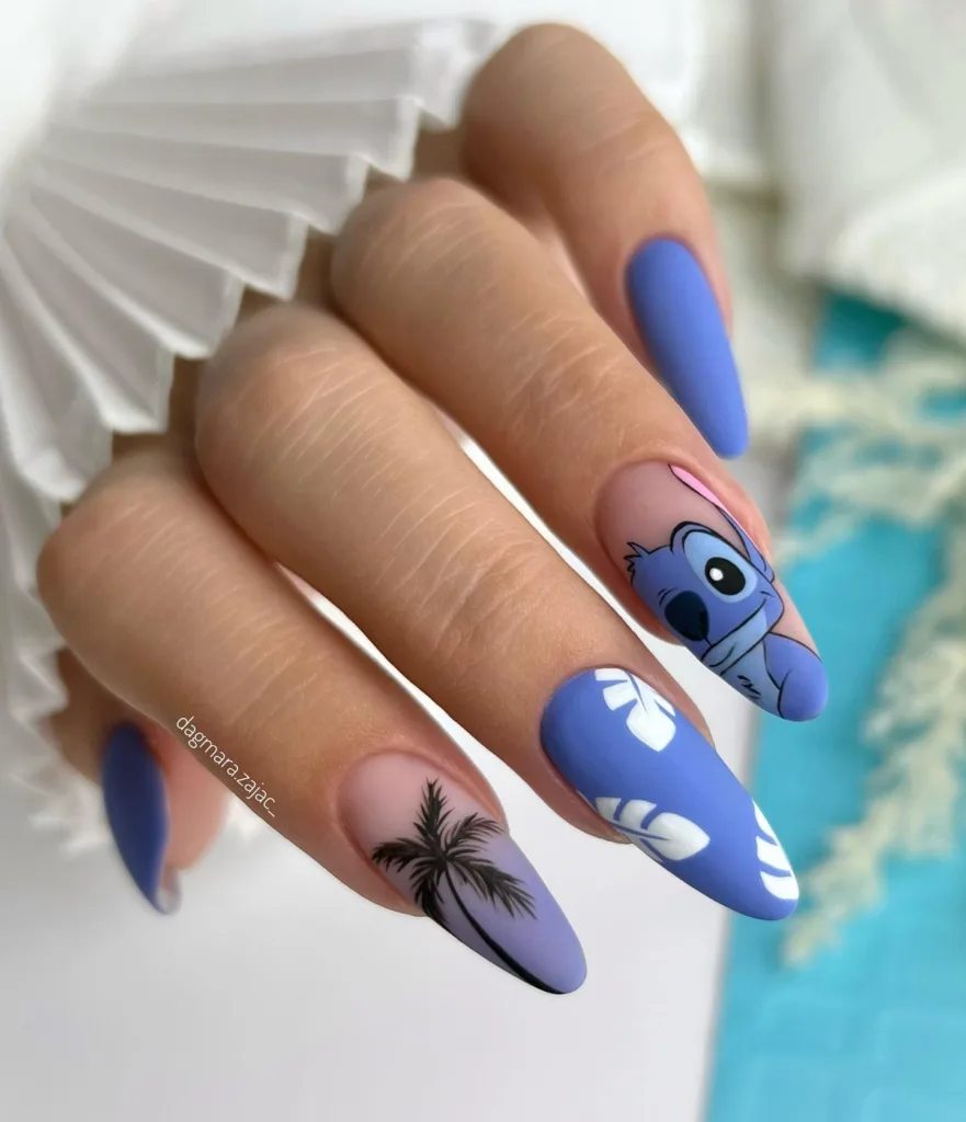 tropical stitch palm tree nails