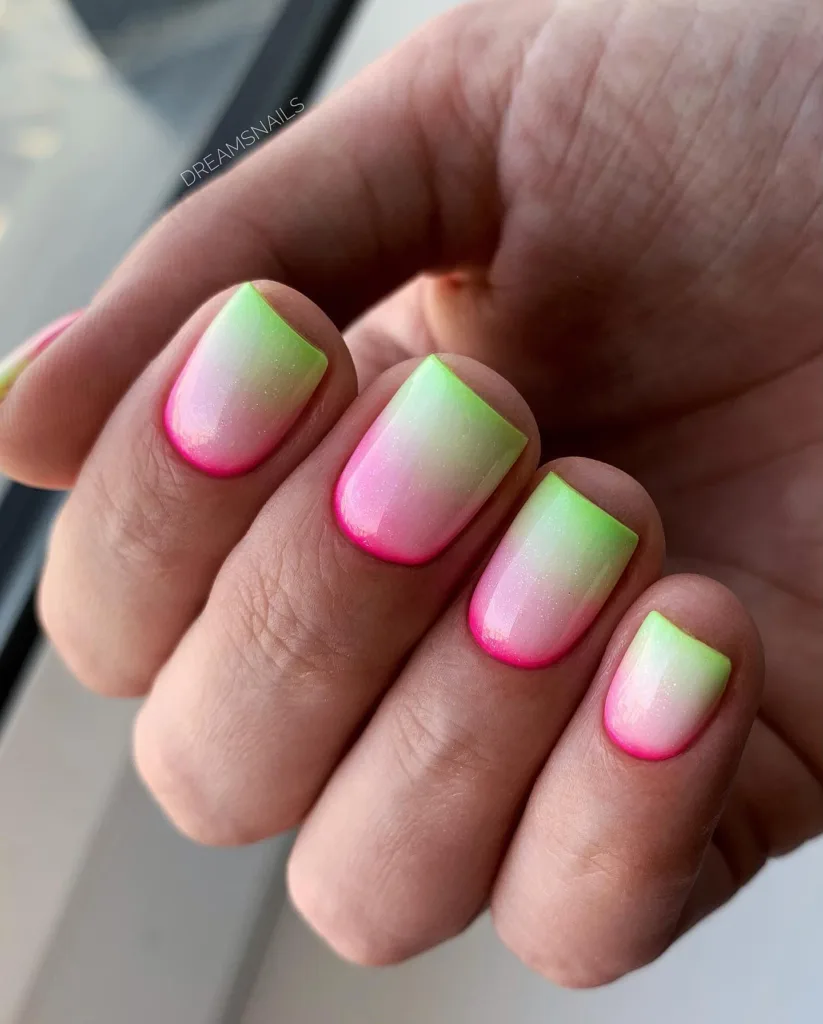 green pink glitter ombre nails