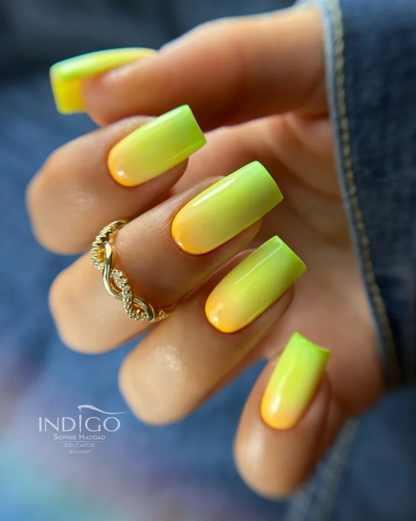 neon green yellow ombre square nails