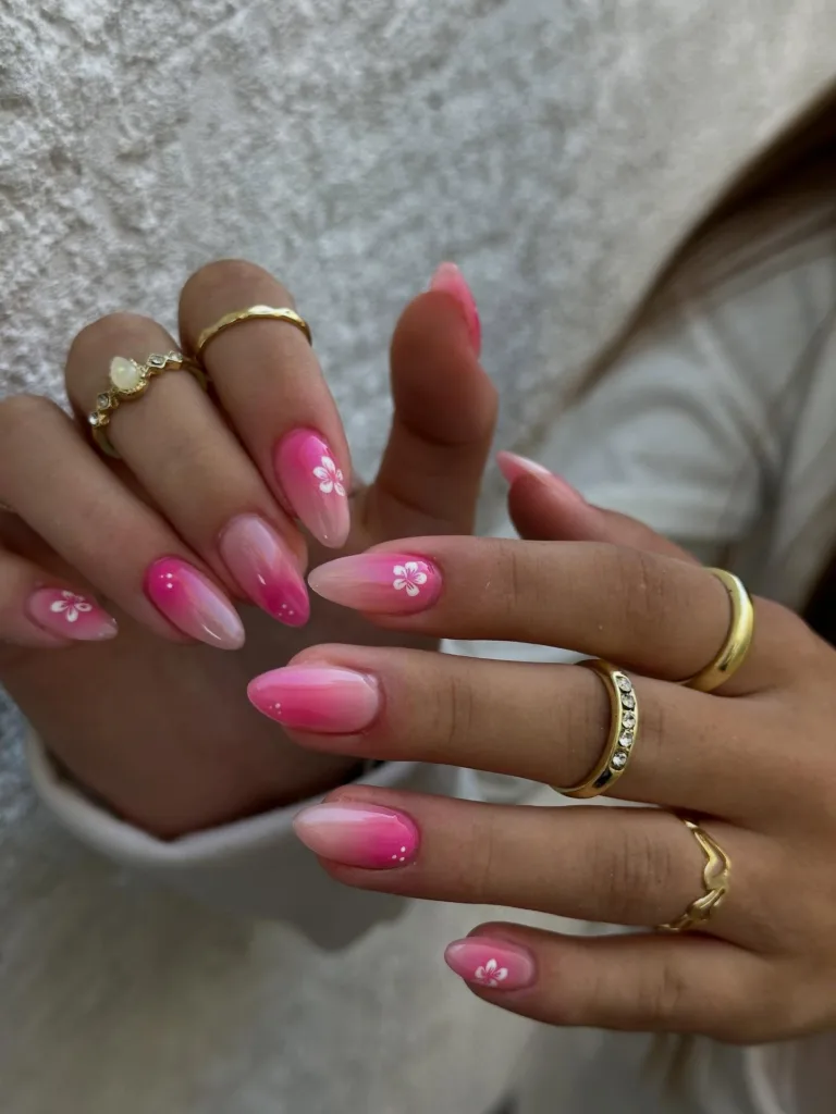 pink floral ombre almond nails