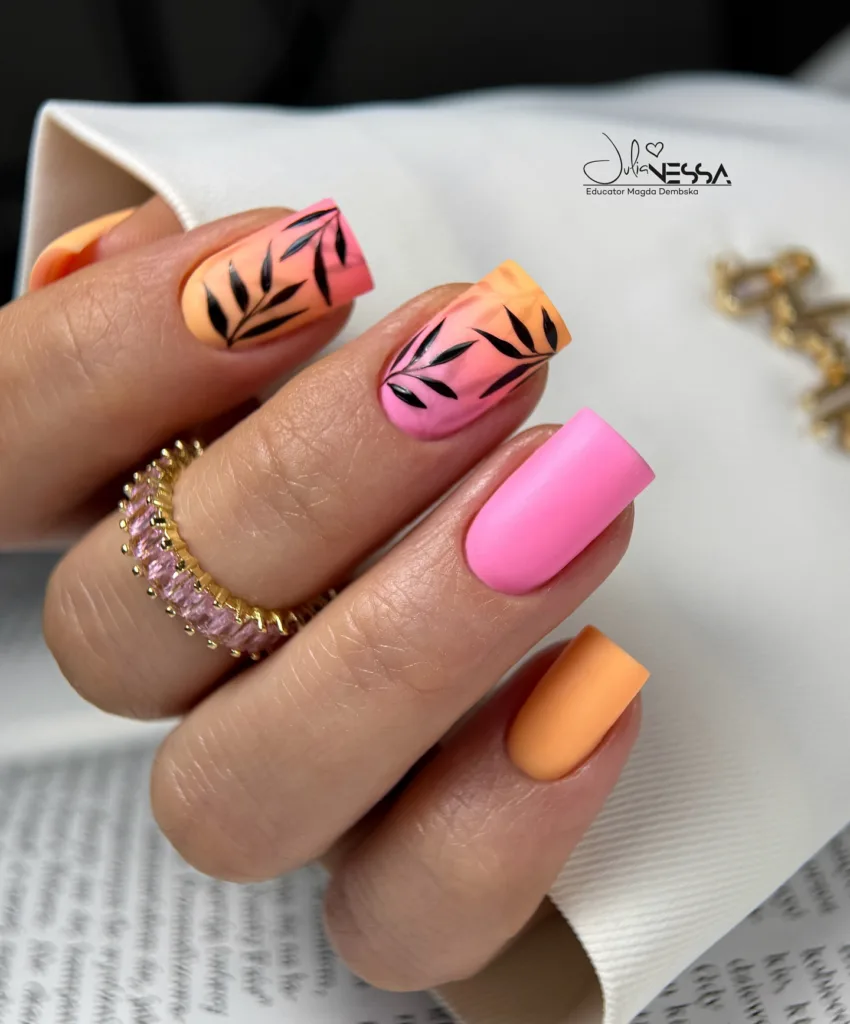pink orange leaf nail art