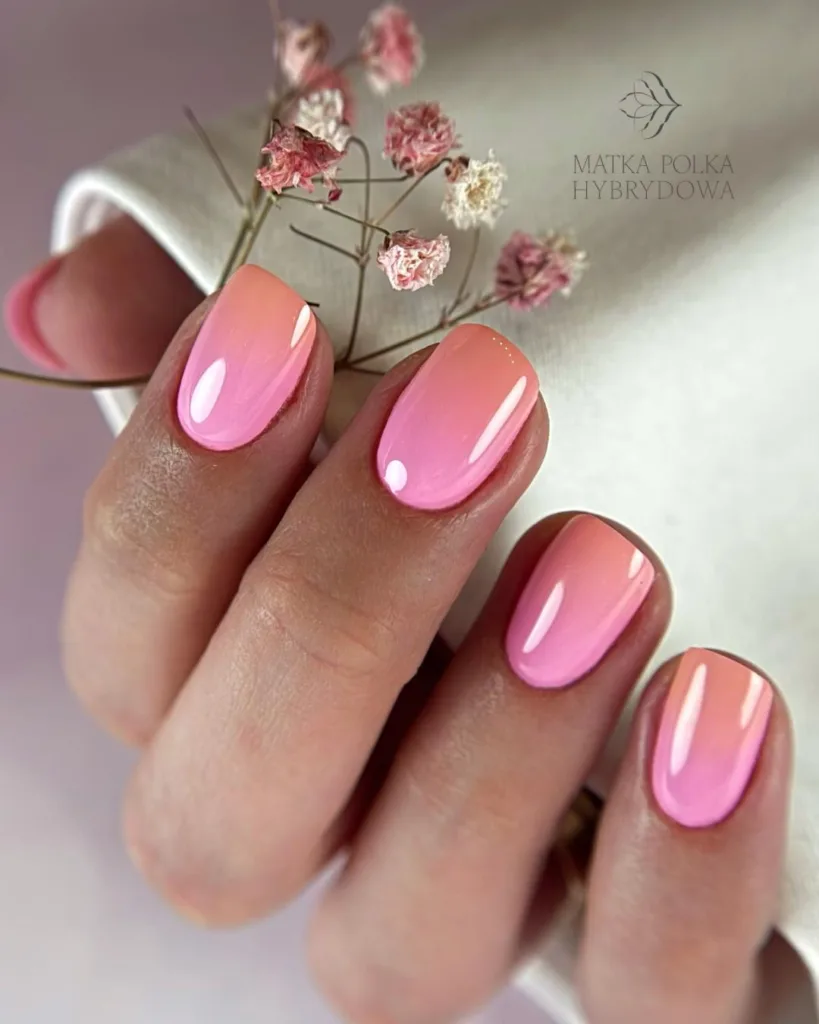 pink peach glossy ombre nails