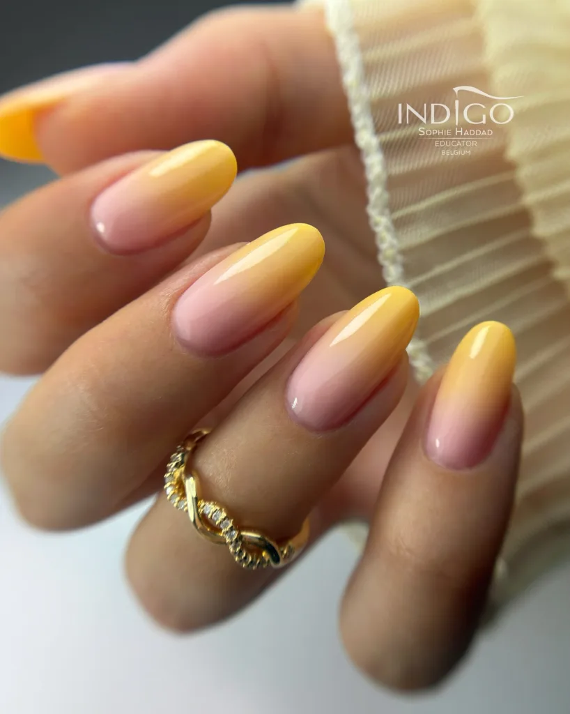 yellow nude gradient almond nails