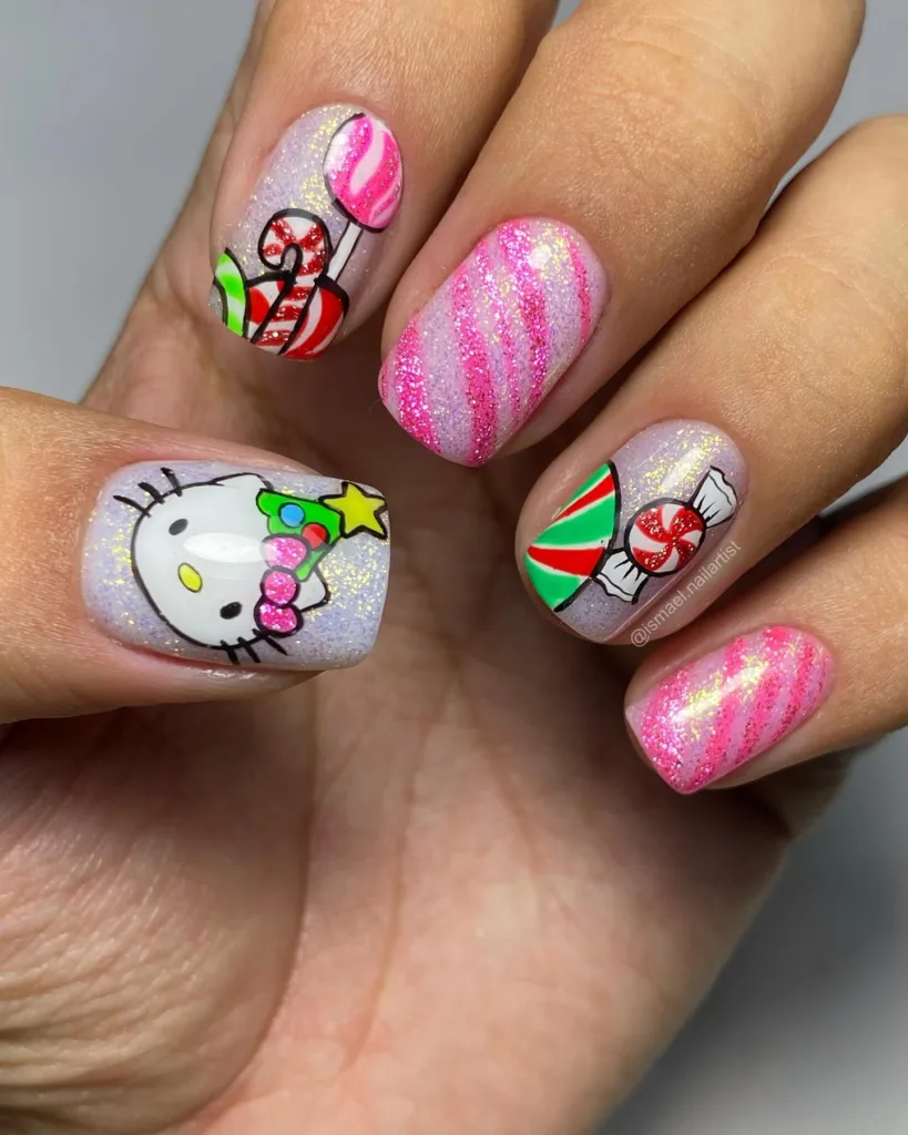 candy sparkle kitty nails