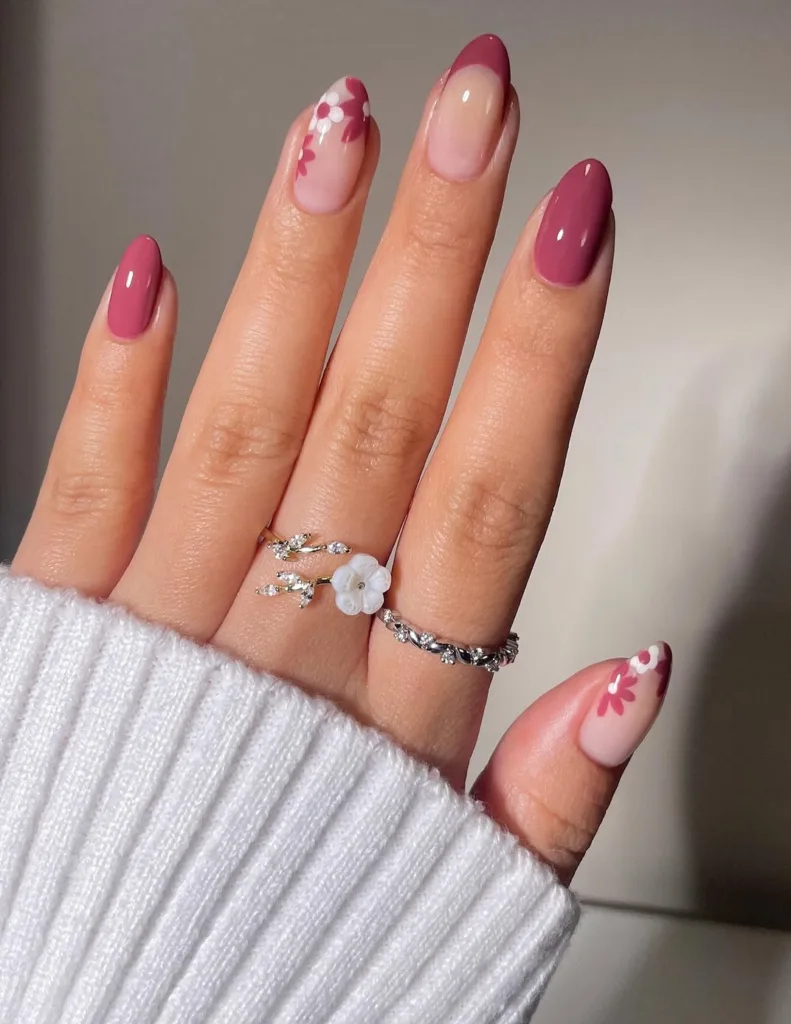 fall mauve pink floral french nails