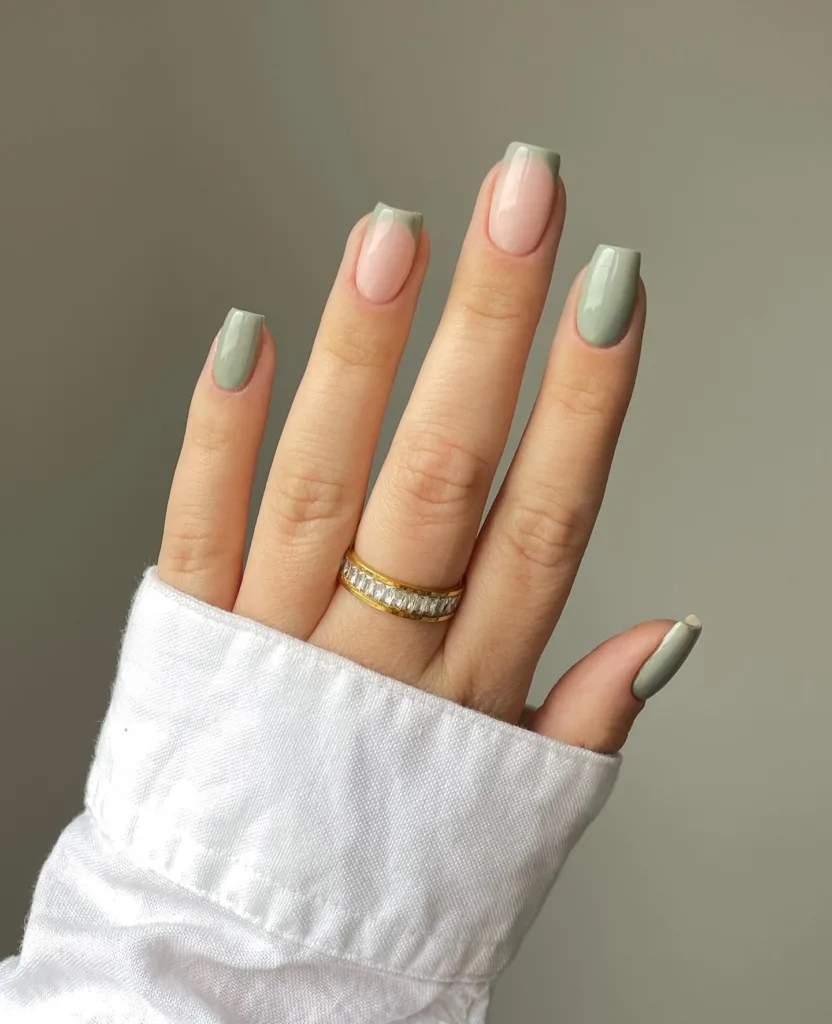 fall sage green french tip nails