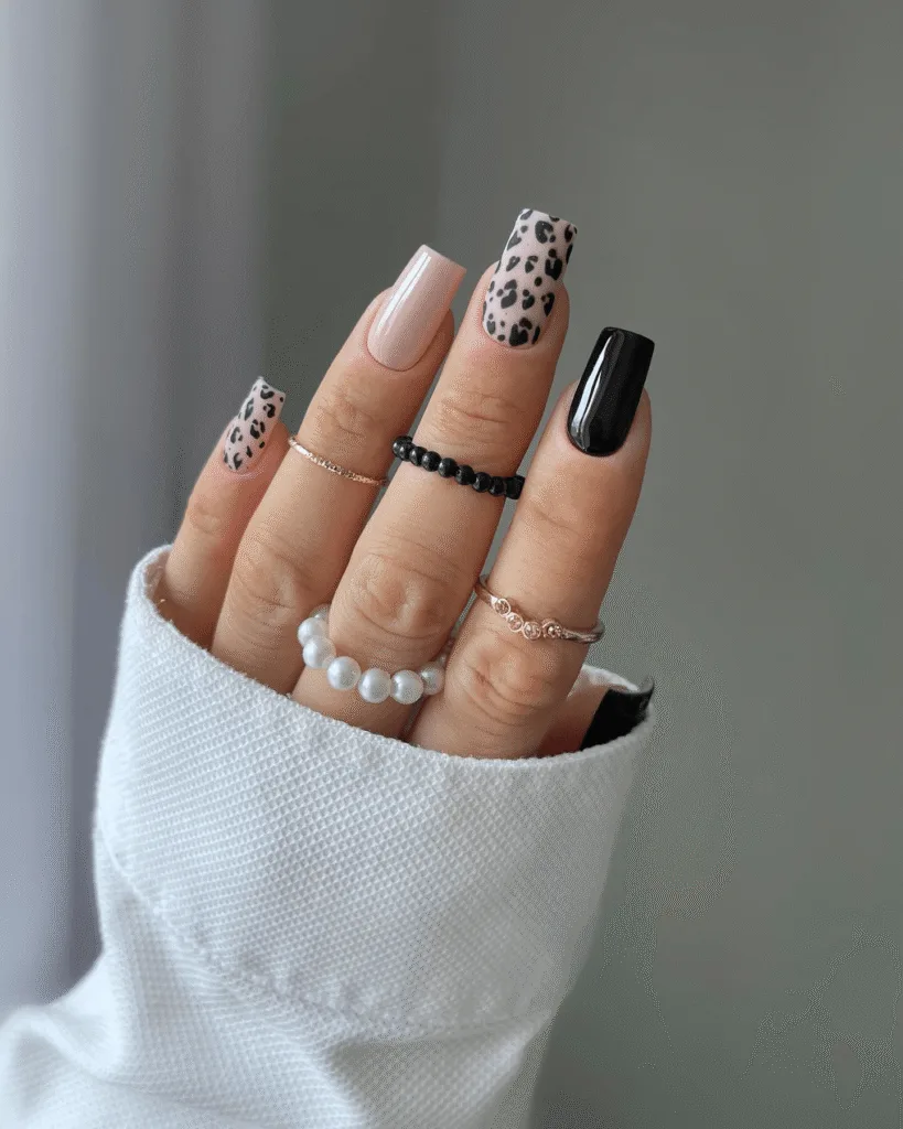 black leopard mix nails