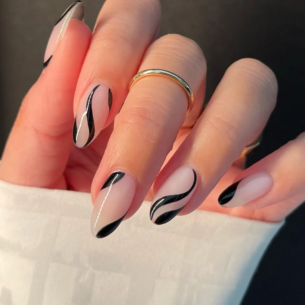 black swirls nails