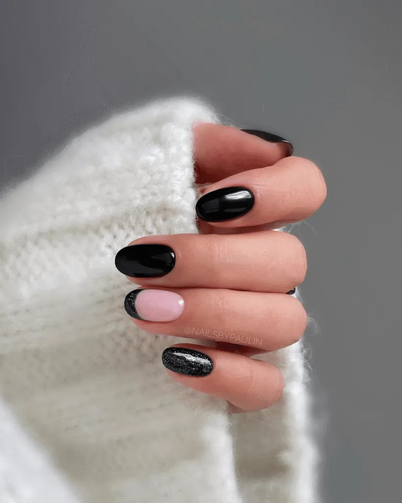 gloss black and glitter nail designs