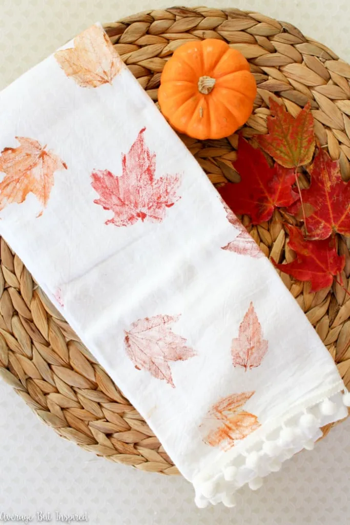 leaf stamped tea towels for fall