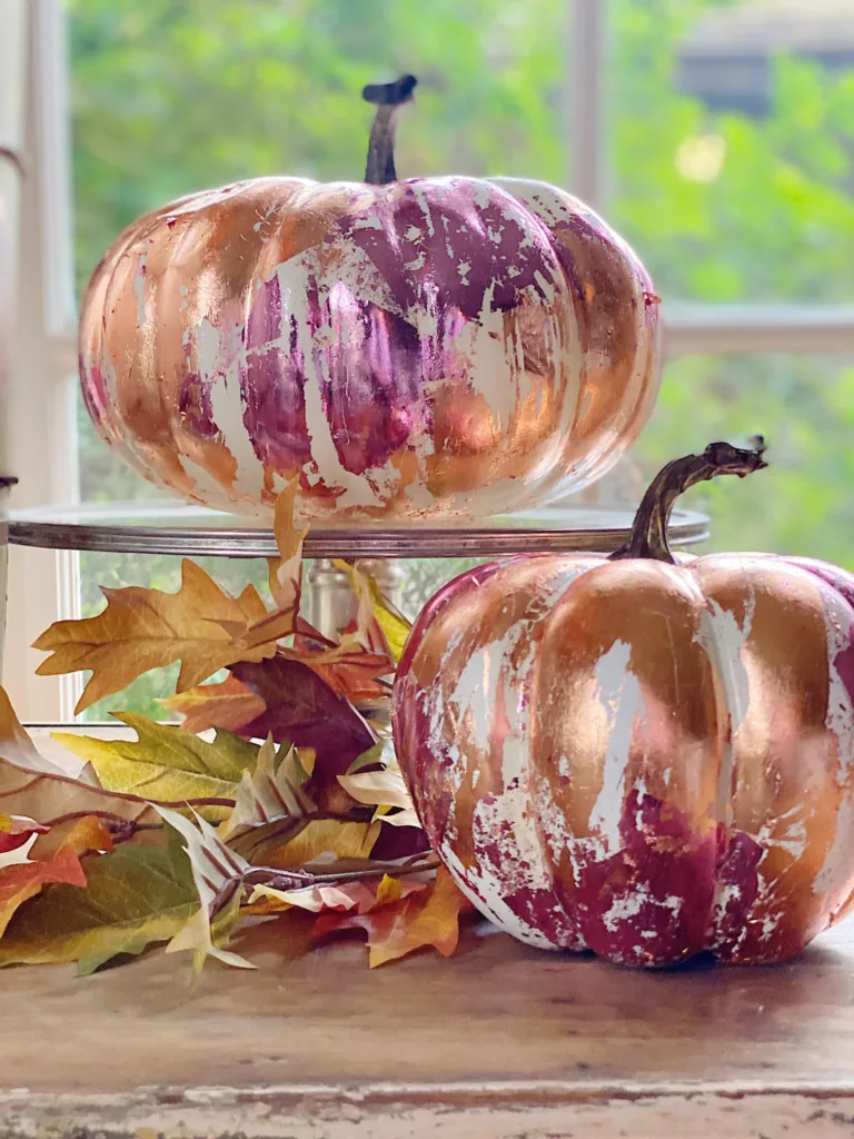 pink and copper metallic leaf pumpkins for creative fall decorating