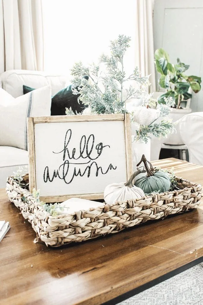 neutral woven tray decor for fall