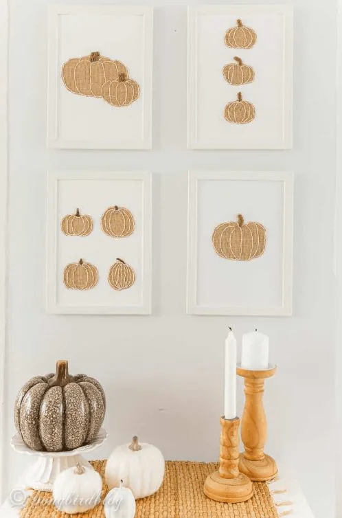 DIY burlap pumpkin wall art in white frames for neutral fall home decor