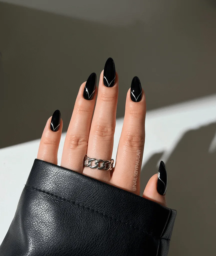 silver lined black french tip nails