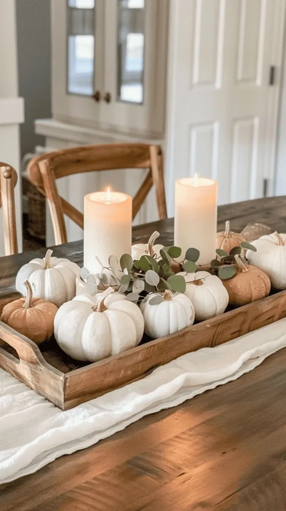 white pumpkins and candles