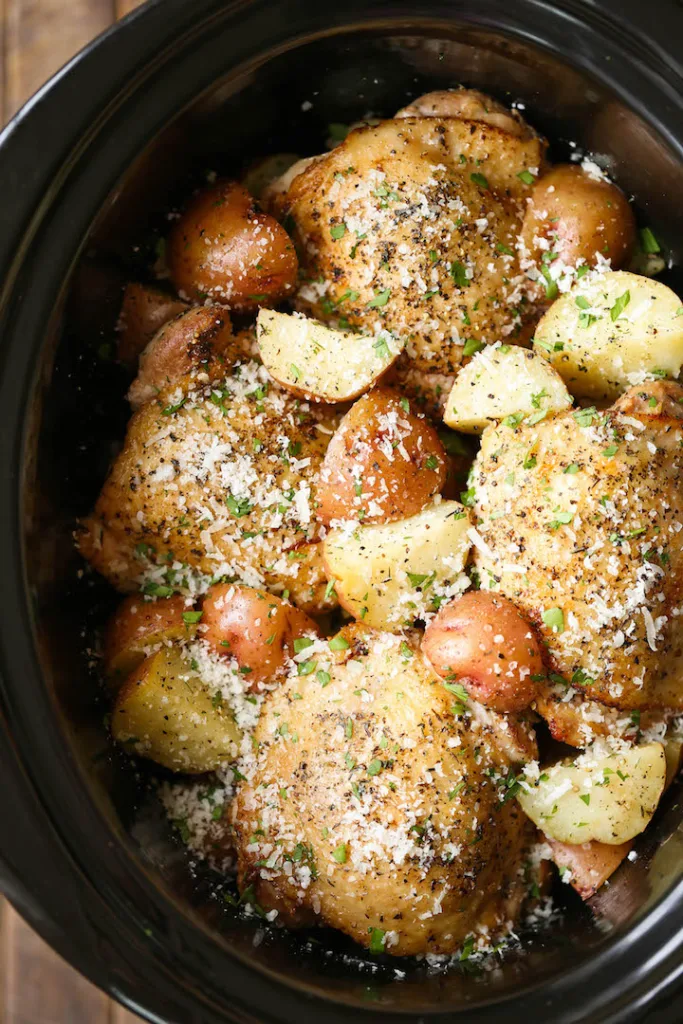 slow cooker garlic parmesan chicken and potatoes