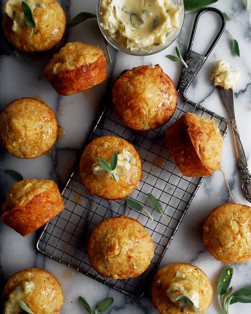 cheddar apple cornbread muffins with sage butter