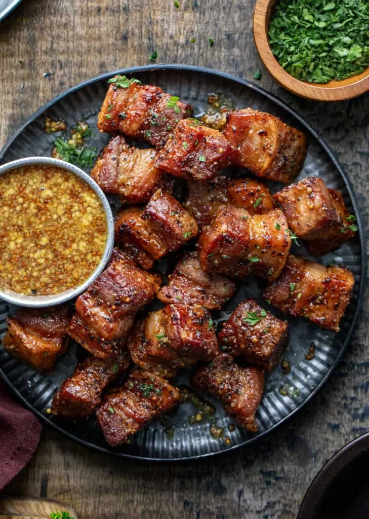 maple mustard pork belly bites