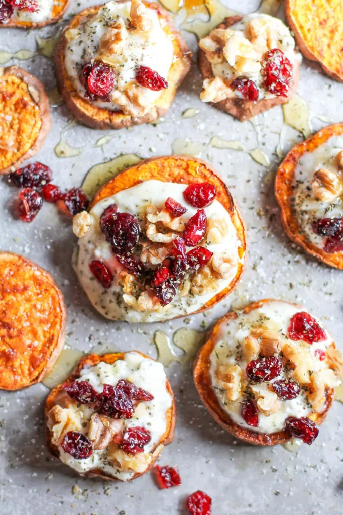 sweet potato rounds with herbed ricotta and walnuts thanksgiving appetizers
